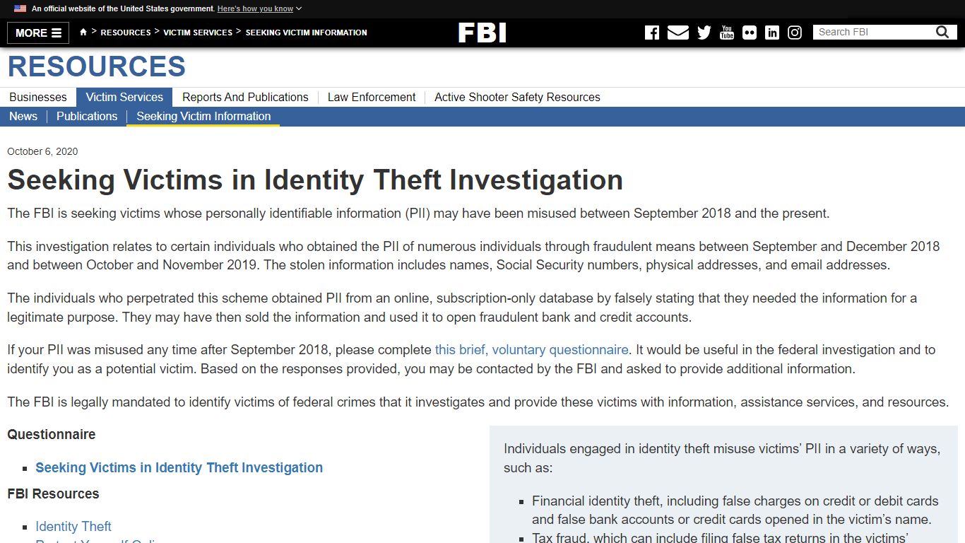 Seeking Victims in Identity Theft Investigation — FBI